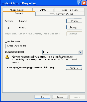 Окно свойств зоны DNS интегрированной в Active Directory